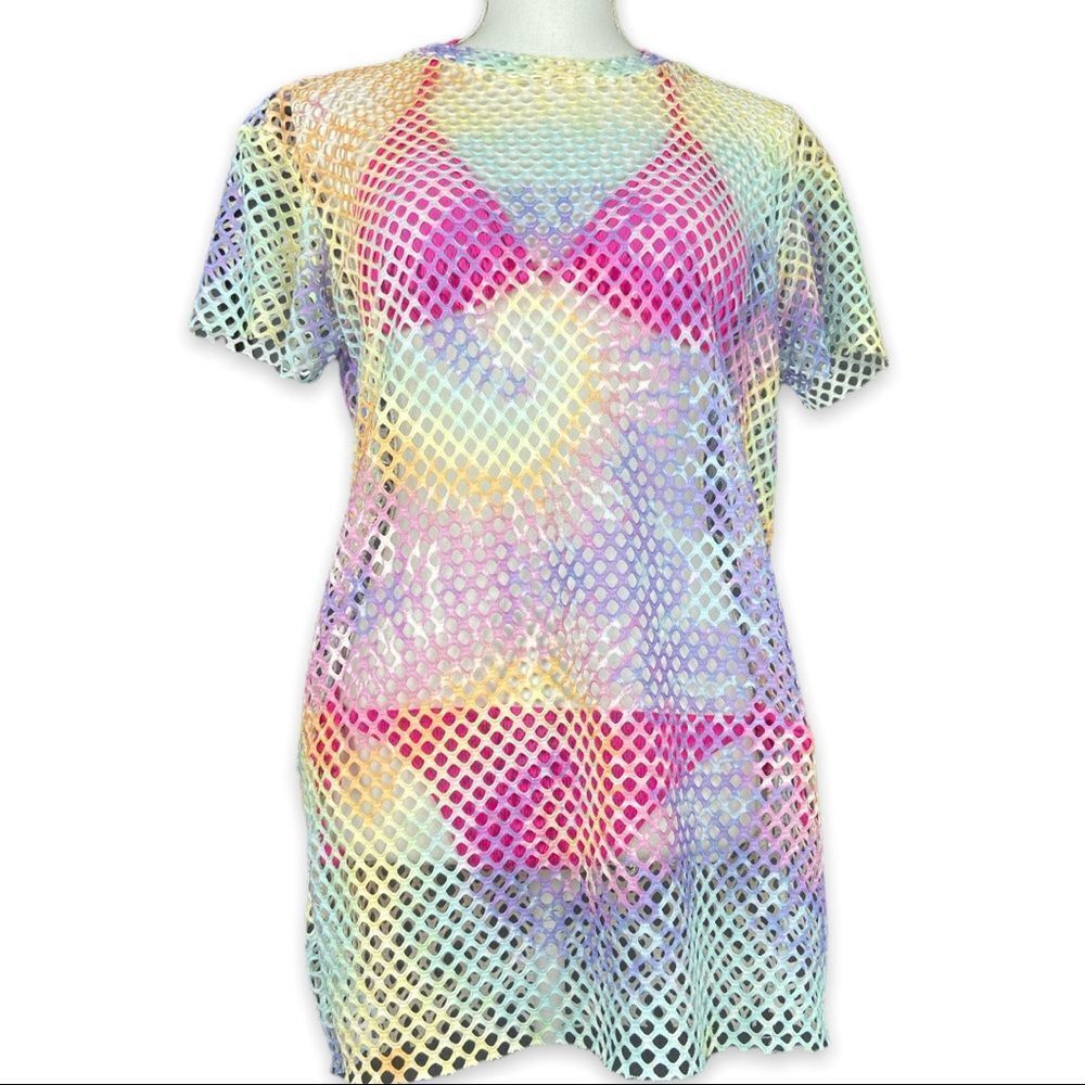 Boohoo Pastel Rainbow Mesh Swim Coverup